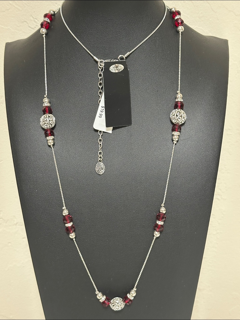Scroll and Dots Faceted Red Crystal Silver Tone Long Necklace - Picture 13 of 13
